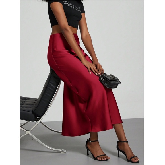 Burgundy Satin A-Line Skirt High Waisted Long - Picture 3 of 9